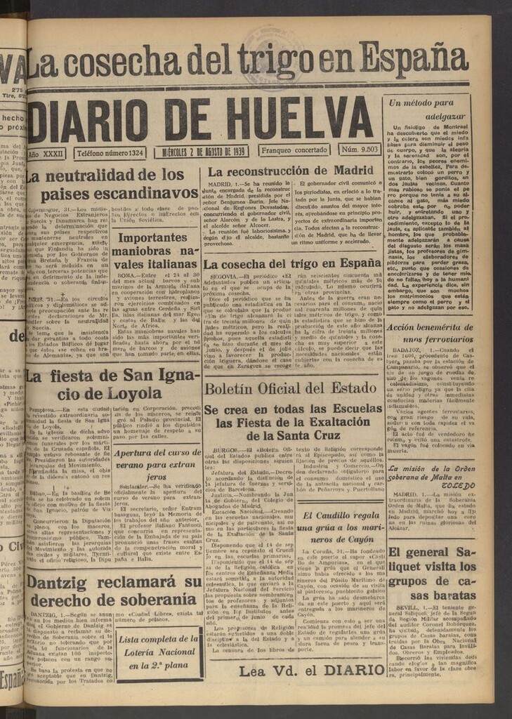 Miniatura de Diario de Huelva : periódico independiente del 2 de agosto de 1939