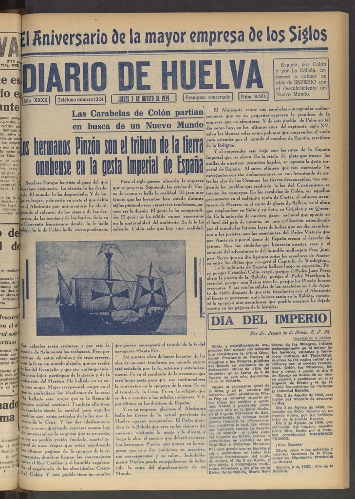 Miniatura de Diario de Huelva : periódico independiente del 3 de agosto de 1939