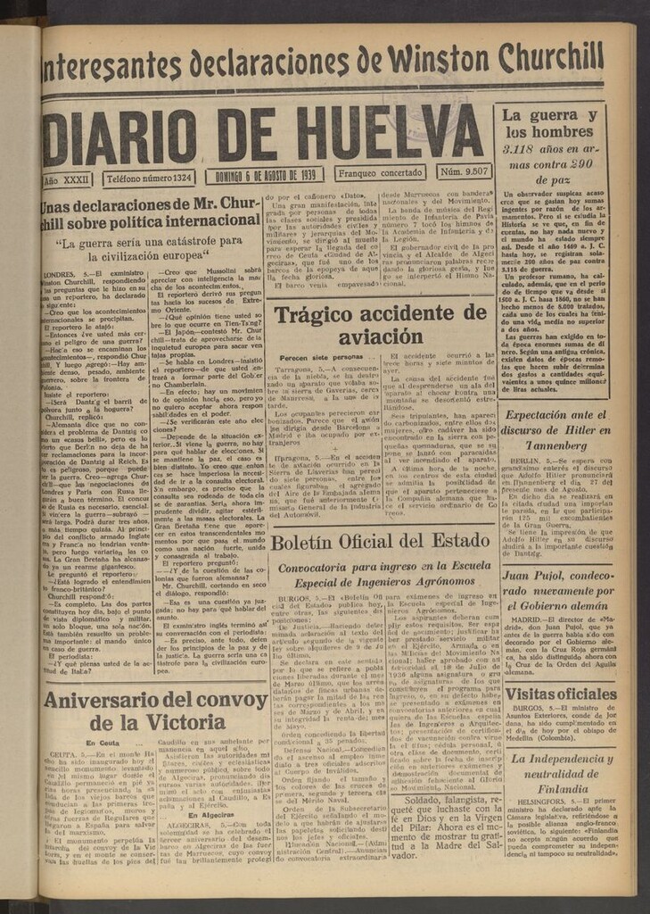 Miniatura de Diario de Huelva : periódico independiente del 6 de agosto de 1939