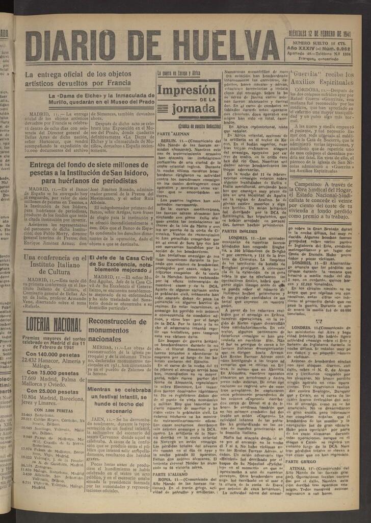 Miniatura de Diario de Huelva : periódico independiente del 12 de febrero de 1941