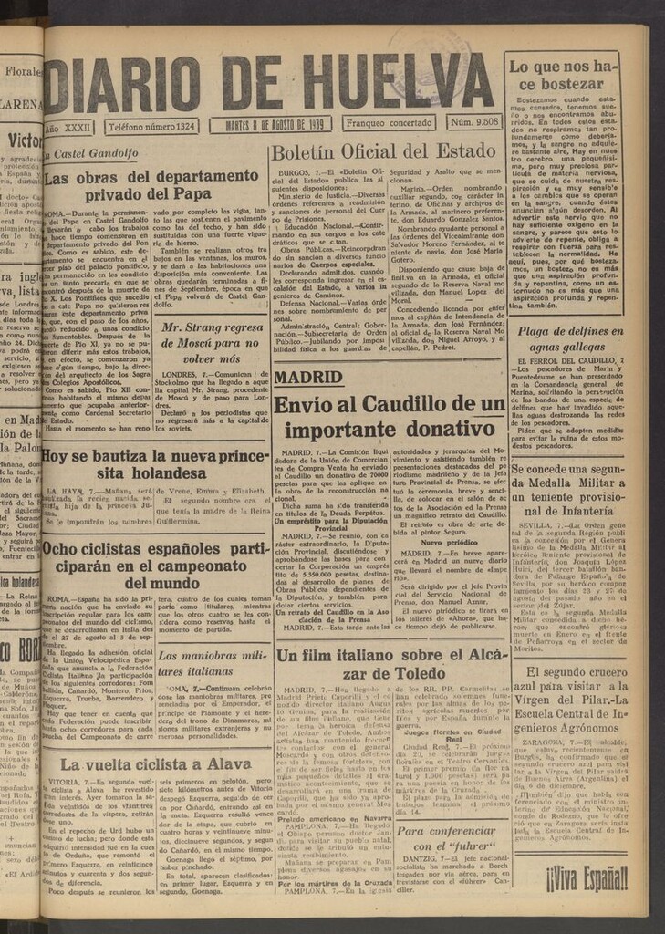 Miniatura de Diario de Huelva : periódico independiente del 8 de agosto de 1939