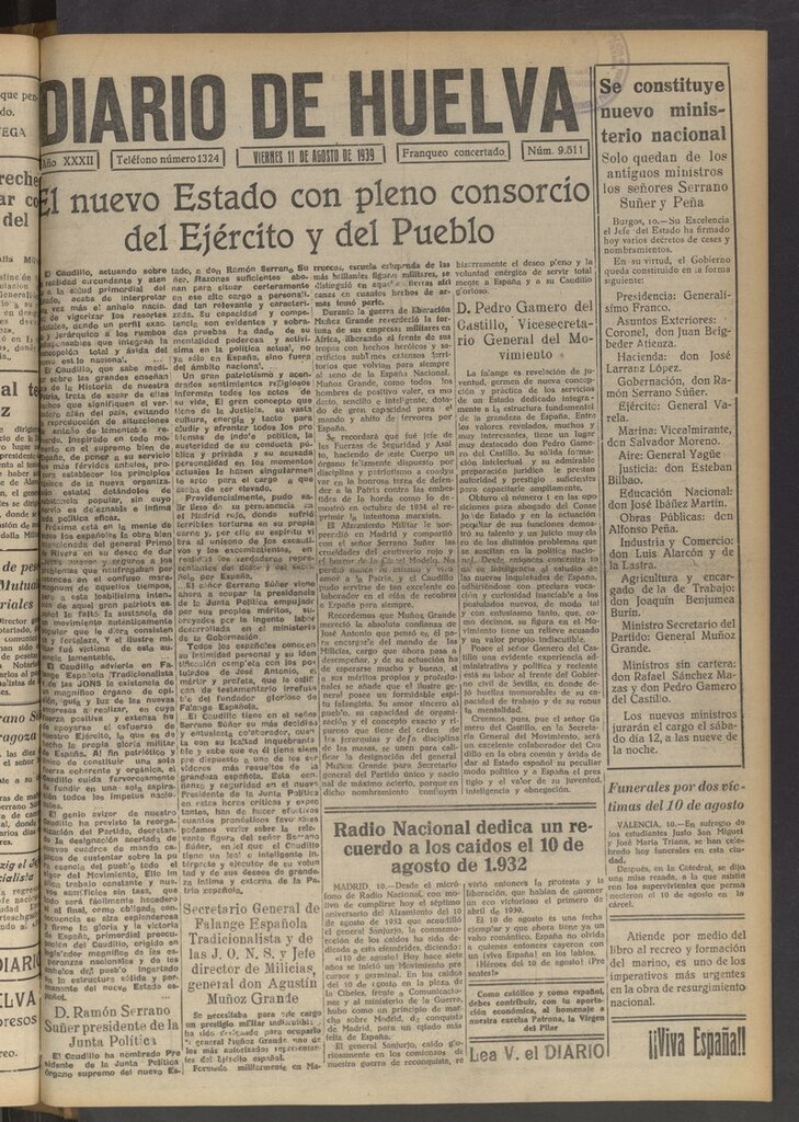 Miniatura de Diario de Huelva : periódico independiente del 11 de agosto de 1939