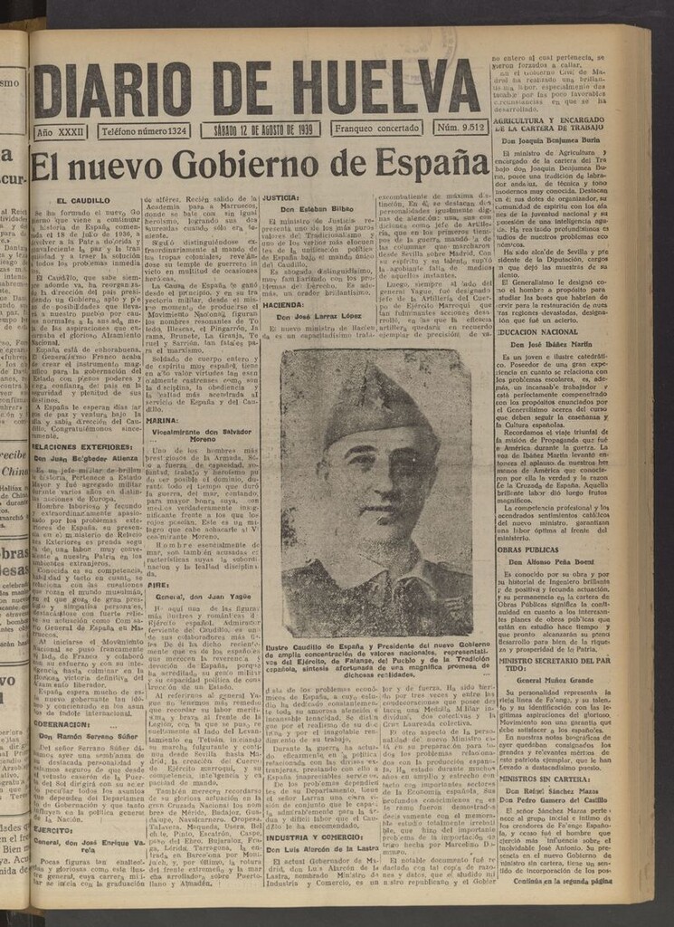 Miniatura de Diario de Huelva : periódico independiente del 12 de agosto de 1939