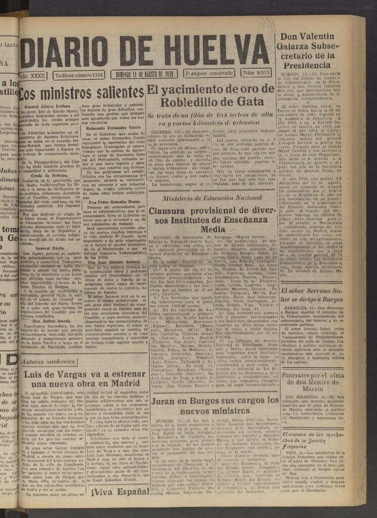 Miniatura de Diario de Huelva : periódico independiente del 13 de agosto de 1939