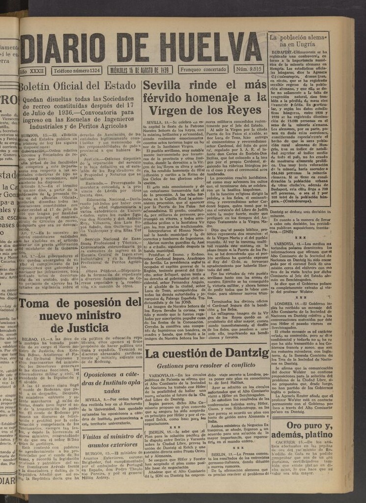 Miniatura de Diario de Huelva : periódico independiente del 16 de agosto de 1939