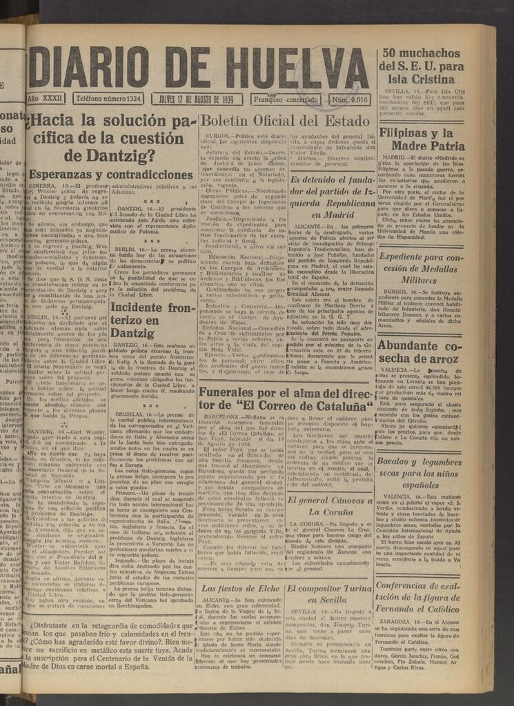 Miniatura de Diario de Huelva : periódico independiente del 17 de agosto de 1939