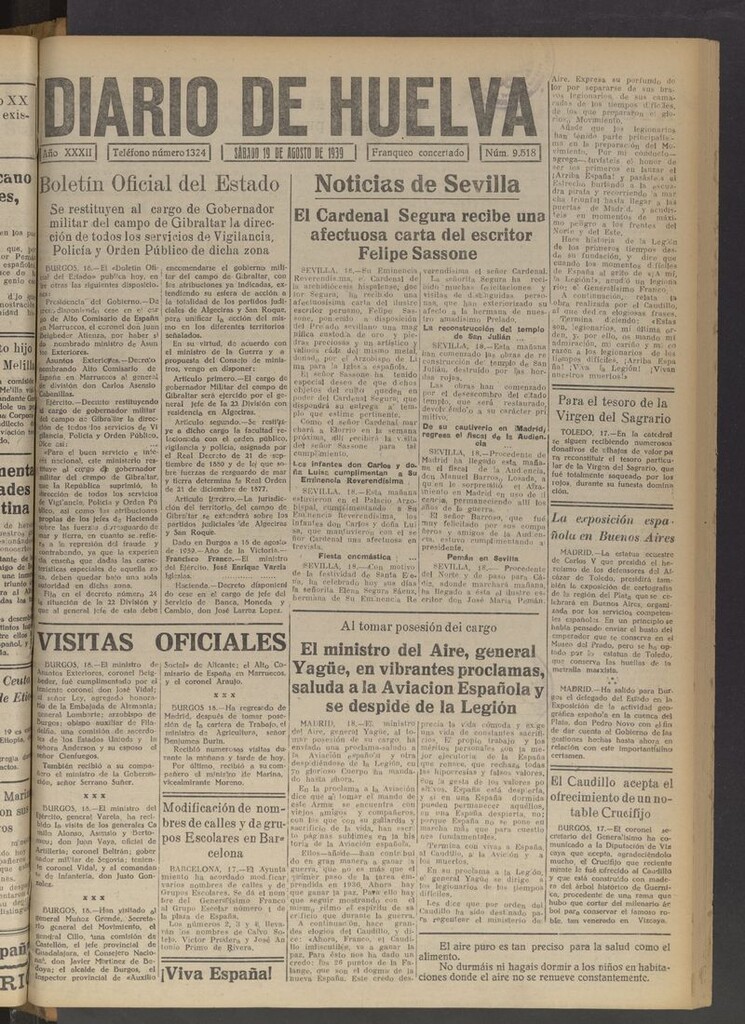 Miniatura de Diario de Huelva : periódico independiente del 19 de agosto de 1939