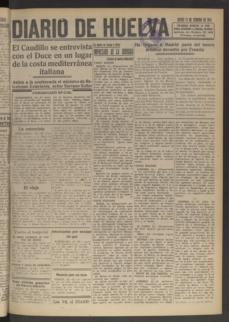 Miniatura de Diario de Huelva : periódico independiente del 13 de febrero de 1941