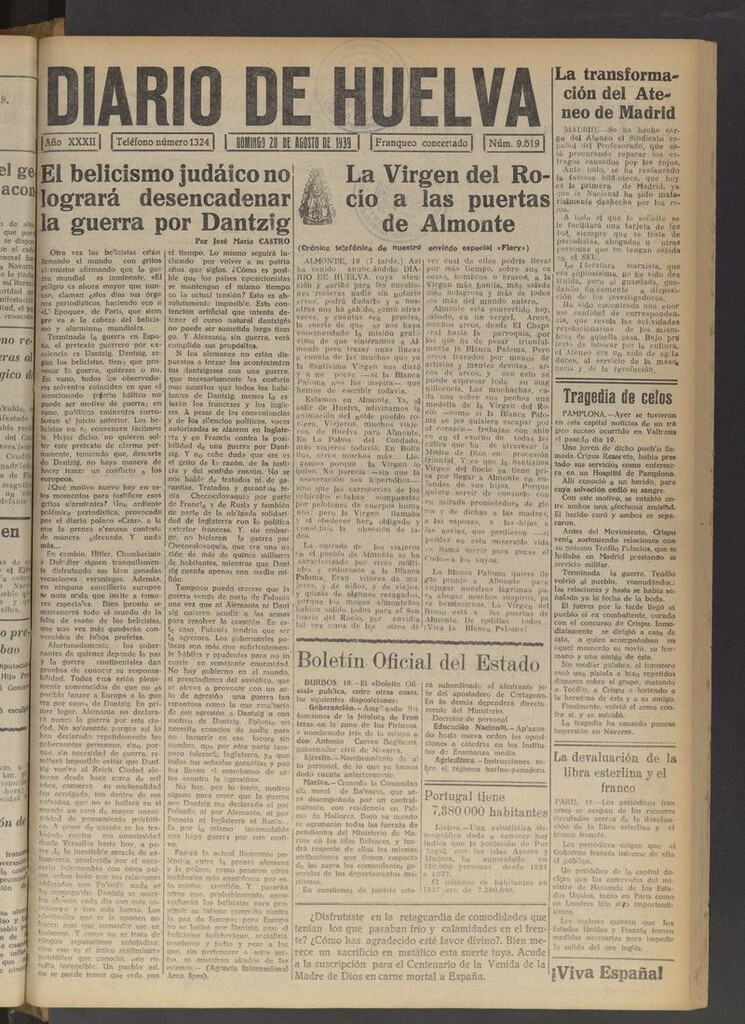 Miniatura de Diario de Huelva : periódico independiente del 20 de agosto de 1939