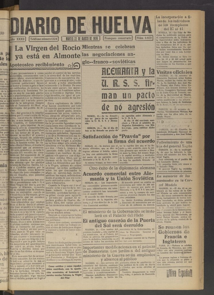 Miniatura de Diario de Huelva : periódico independiente del 22 de agosto de 1939