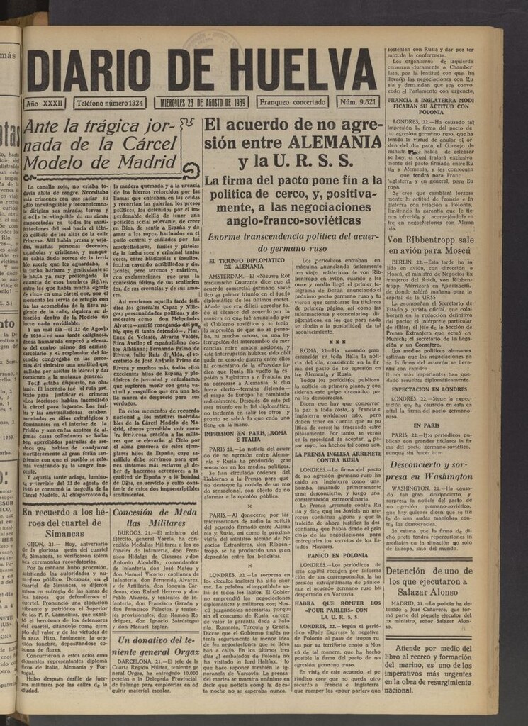 Miniatura de Diario de Huelva : periódico independiente del 23 de agosto de 1939
