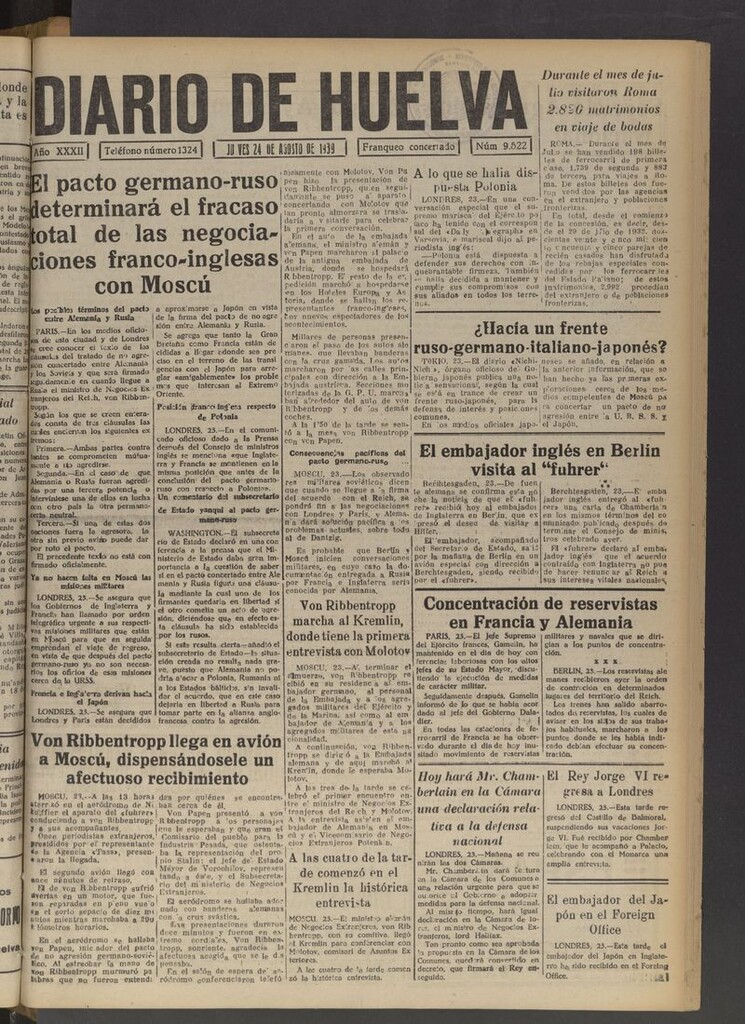 Miniatura de Diario de Huelva : periódico independiente del 24 de agosto de 1939