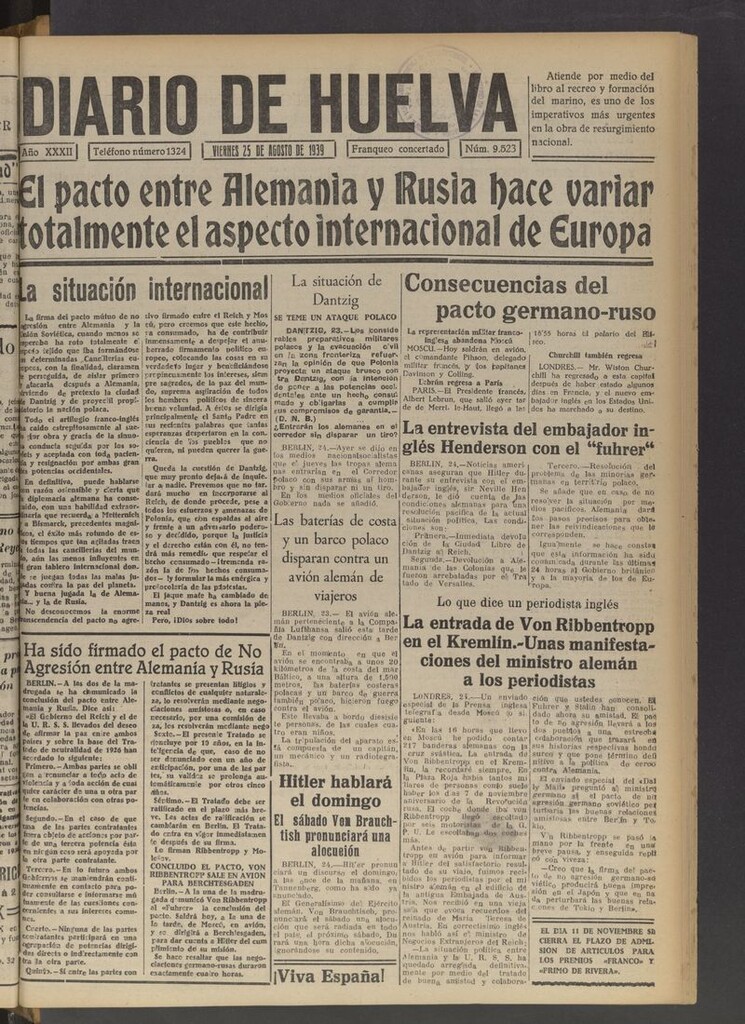 Miniatura de Diario de Huelva : periódico independiente del 25 de agosto de 1939