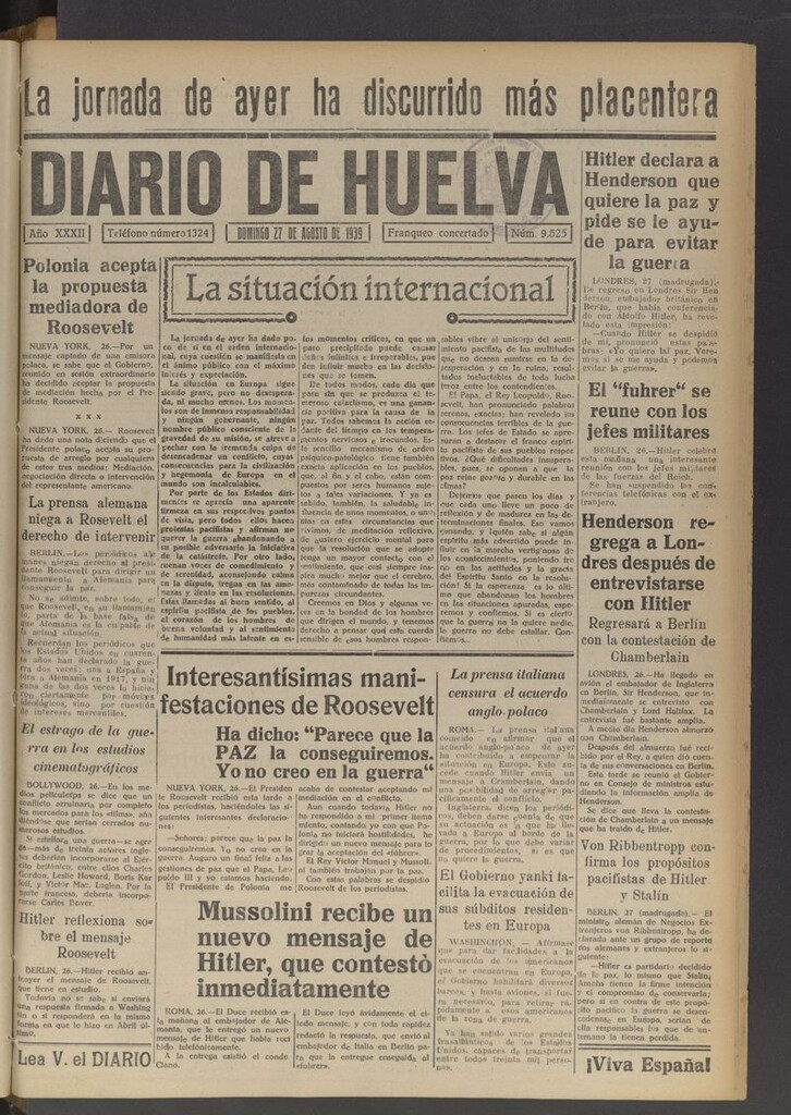 Miniatura de Diario de Huelva : periódico independiente del 27 de agosto de 1939