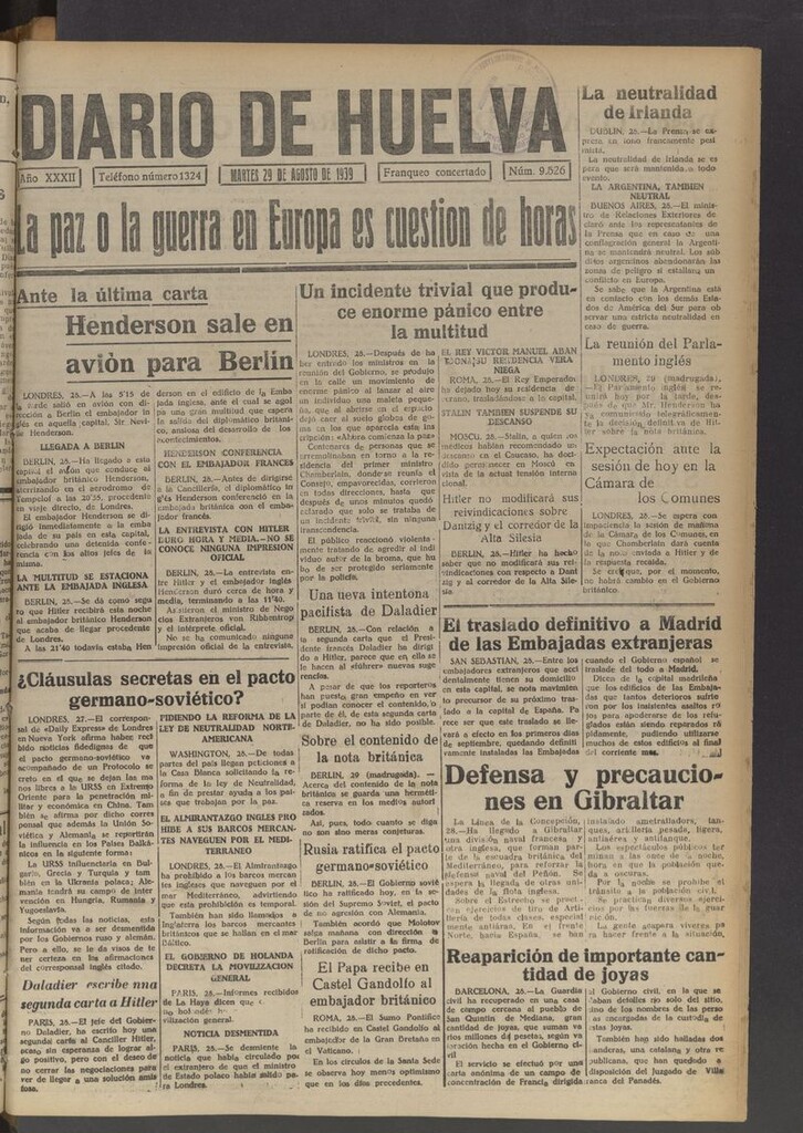 Miniatura de Diario de Huelva : periódico independiente del 29 de agosto de 1939