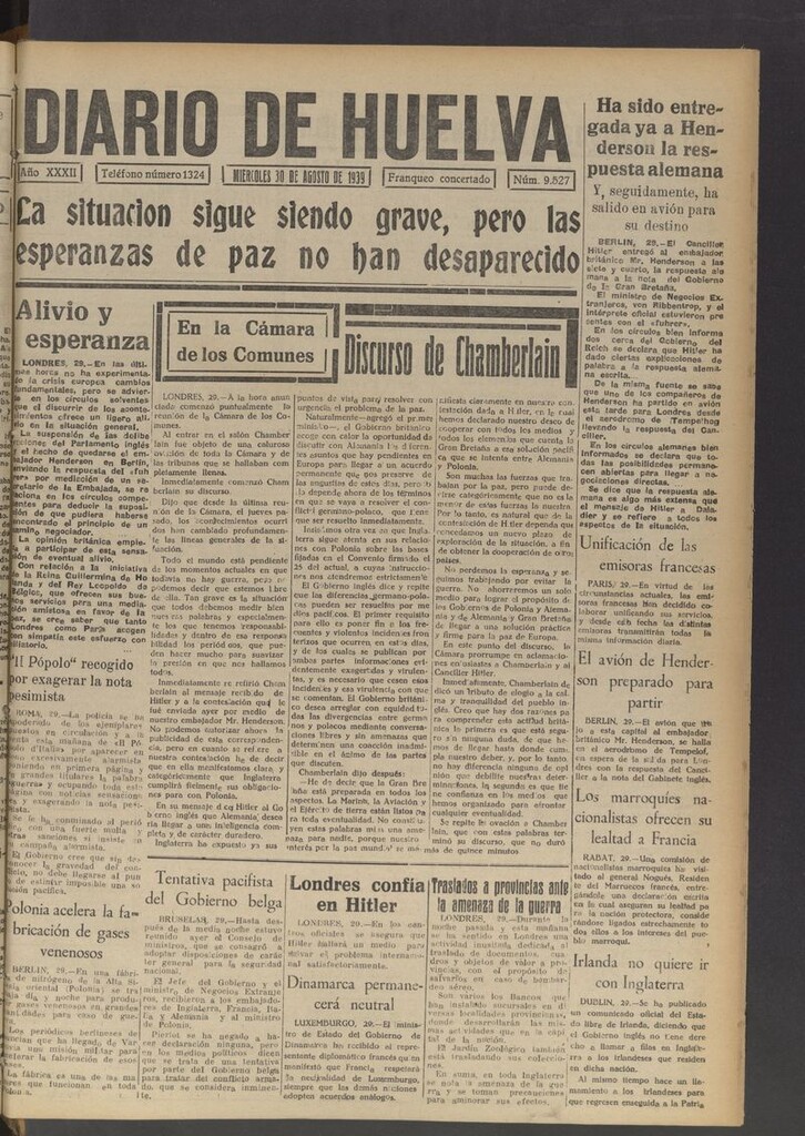 Miniatura de Diario de Huelva : periódico independiente del 30 de agosto de 1939