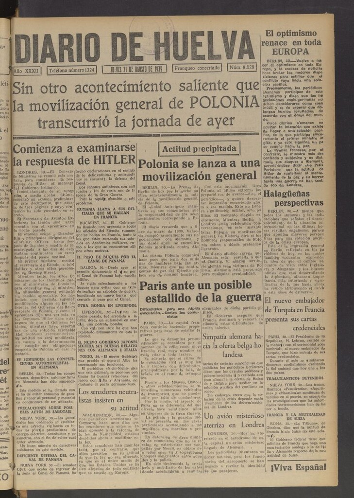 Miniatura de Diario de Huelva : periódico independiente del 31 de agosto de 1939