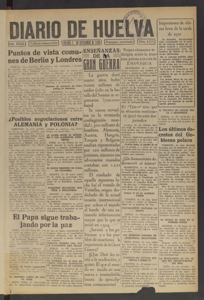 Miniatura de Diario de Huelva : periódico independiente del 1 de septiembre de 1939
