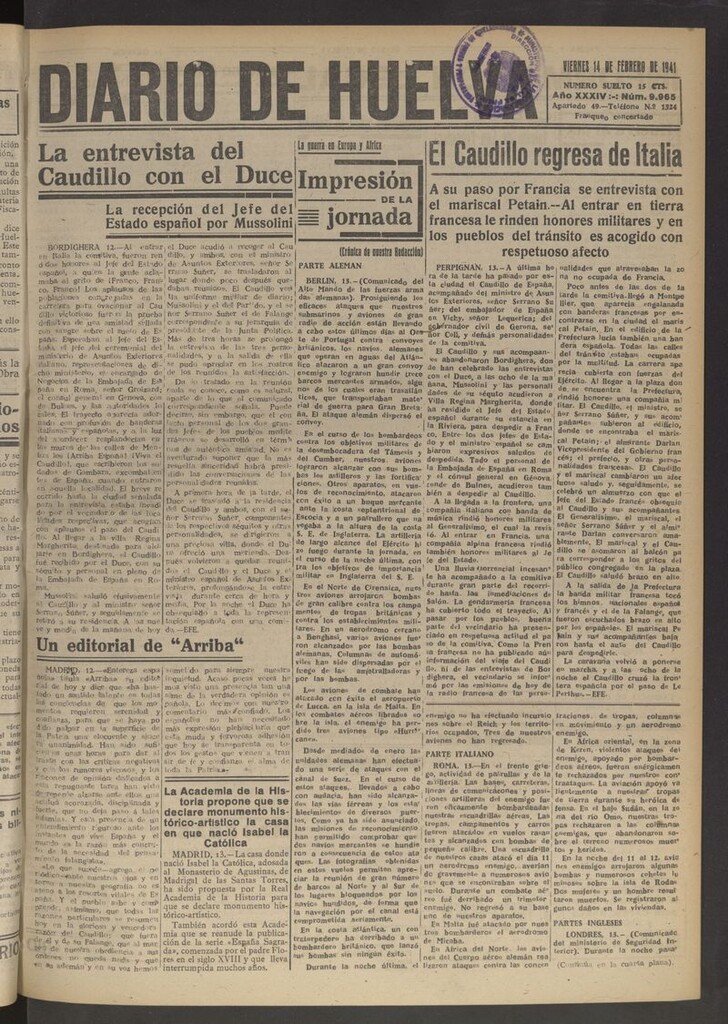 Miniatura de Diario de Huelva : periódico independiente del 14 de febrero de 1941