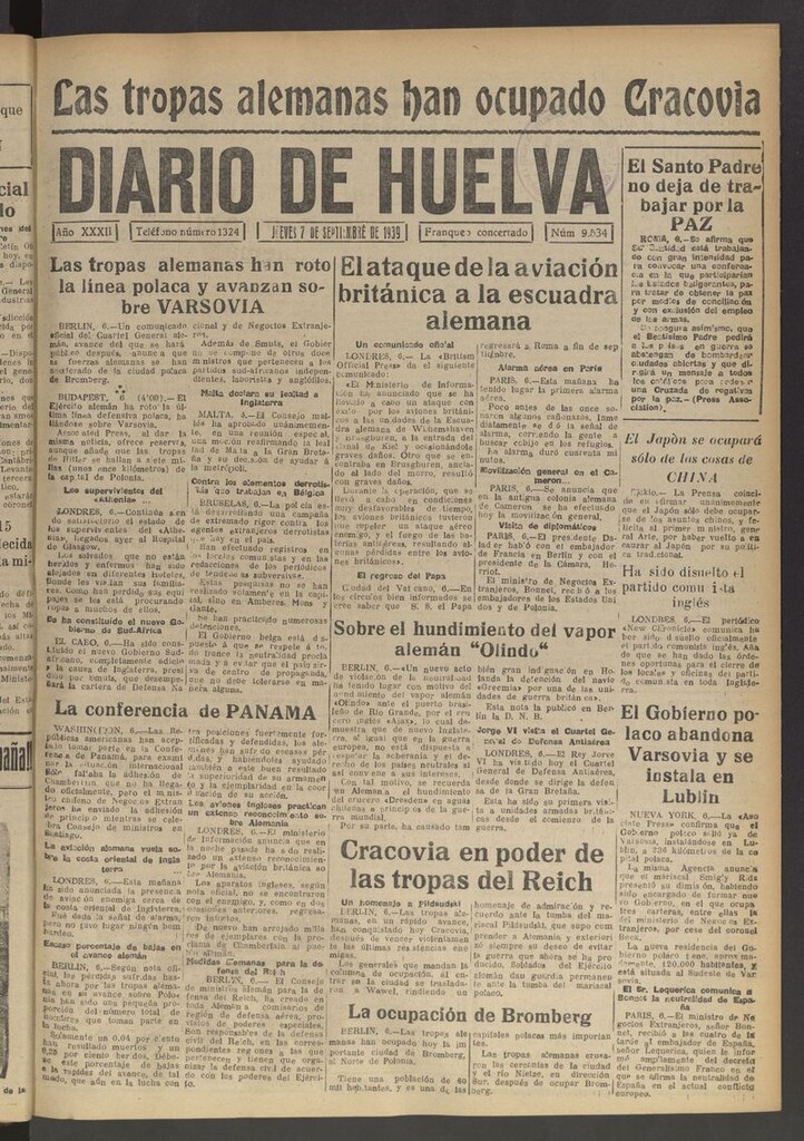 Miniatura de Diario de Huelva : periódico independiente del 7 de septiembre de 1939