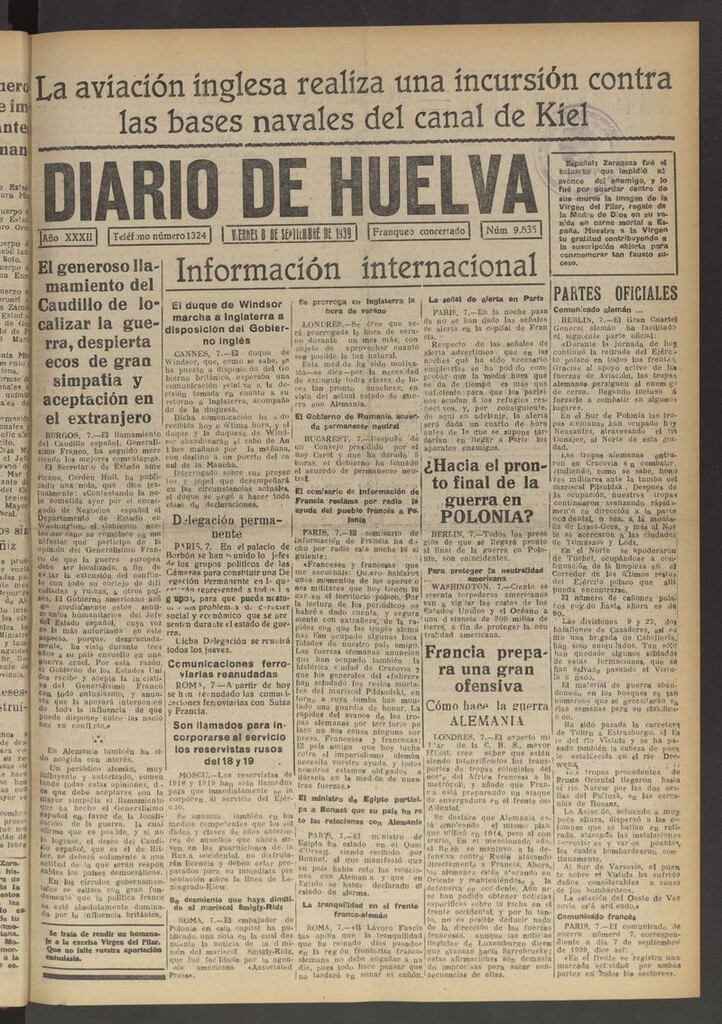 Miniatura de Diario de Huelva : periódico independiente del 8 de septiembre de 1939