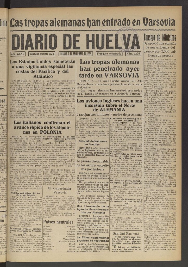 Miniatura de Diario de Huelva : periódico independiente del 9 de septiembre de 1939