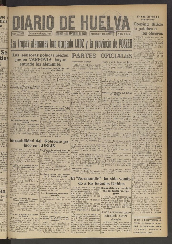 Miniatura de Diario de Huelva : periódico independiente del 10 de septiembre de 1939