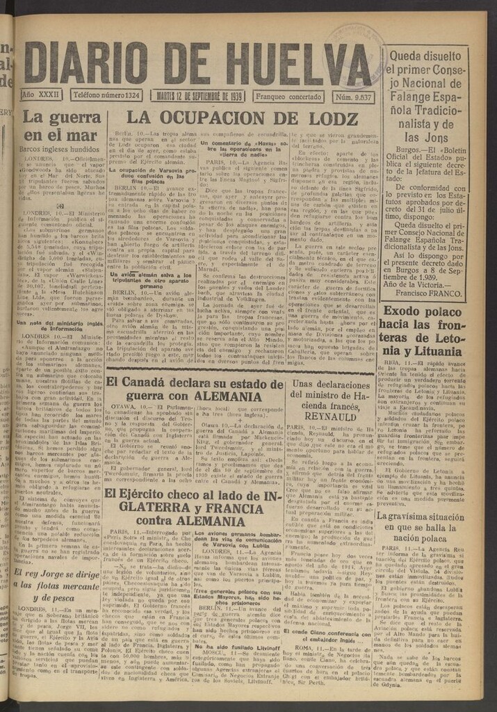 Miniatura de Diario de Huelva : periódico independiente del 12 de septiembre de 1939