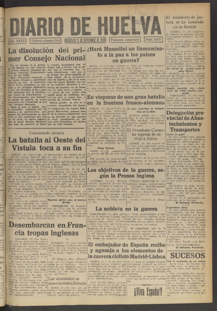 Miniatura de Diario de Huelva : periódico independiente del 13 de septiembre de 1939