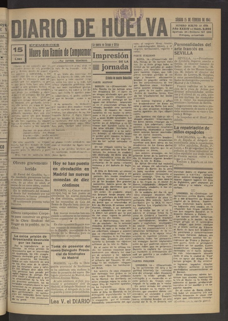 Miniatura de Diario de Huelva : periódico independiente del 15 de febrero de 1941