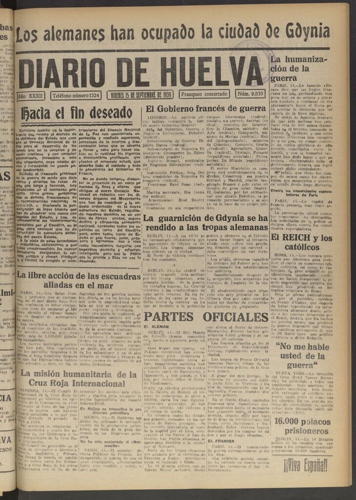 Miniatura de Diario de Huelva : periódico independiente del 15 de septiembre de 1939