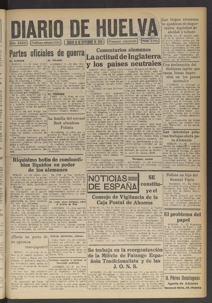 Miniatura de Diario de Huelva : periódico independiente del 16 de septiembre de 1939