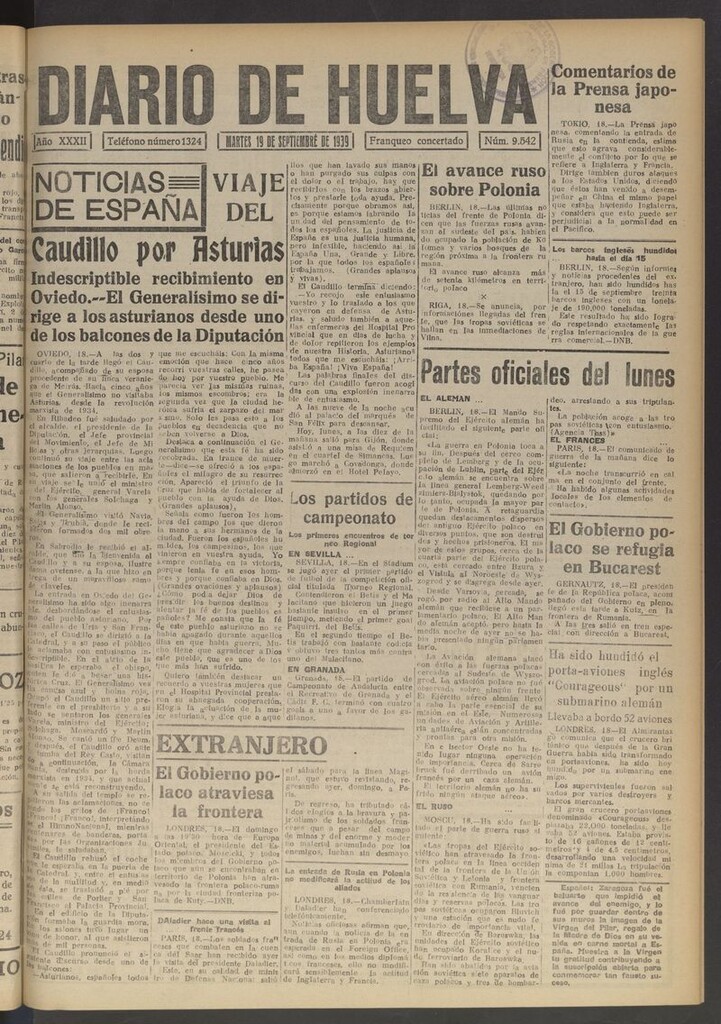 Miniatura de Diario de Huelva : periódico independiente del 19 de septiembre de 1939