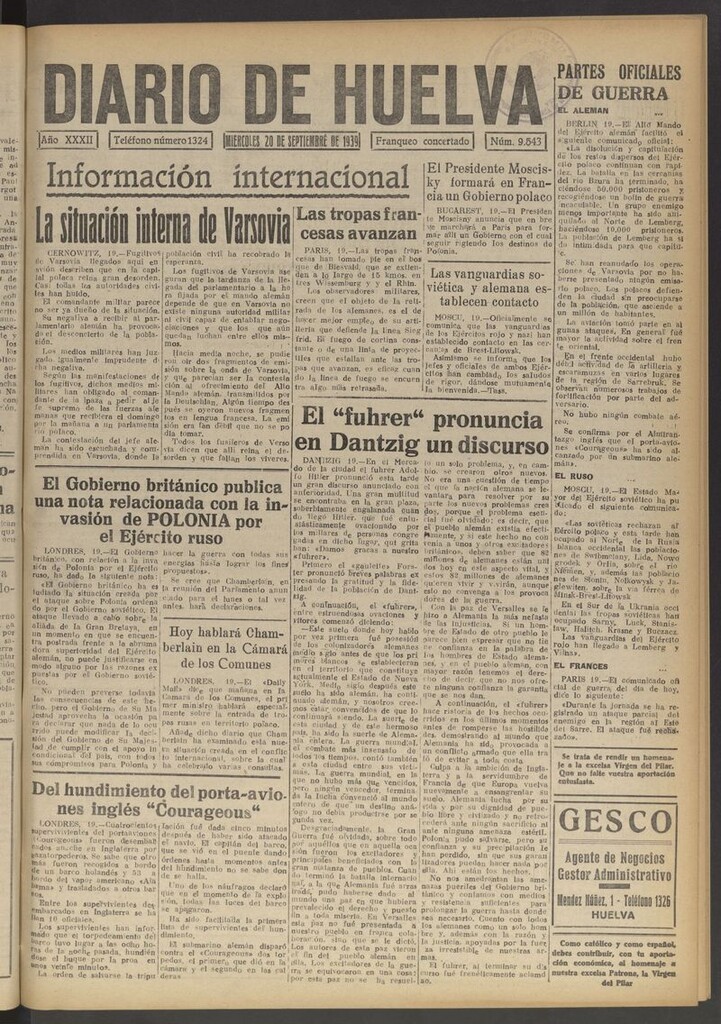Miniatura de Diario de Huelva : periódico independiente del 20 de septiembre de 1939