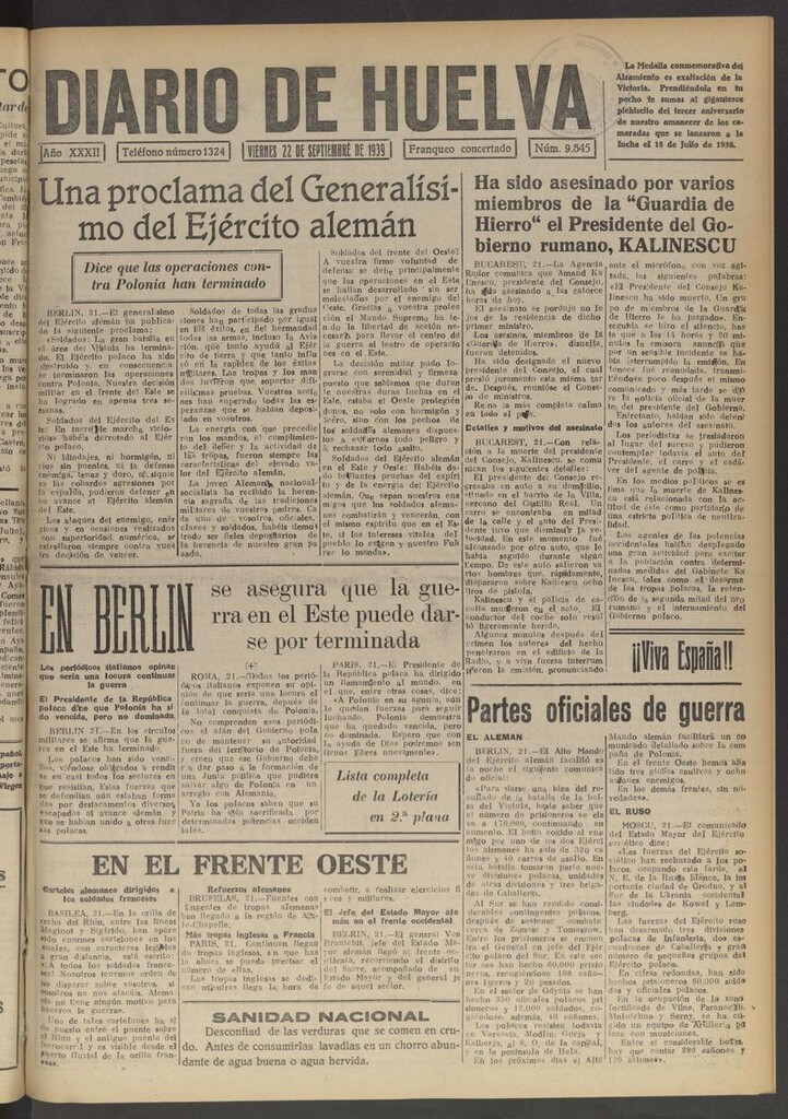 Miniatura de Diario de Huelva : periódico independiente del 22 de septiembre de 1939