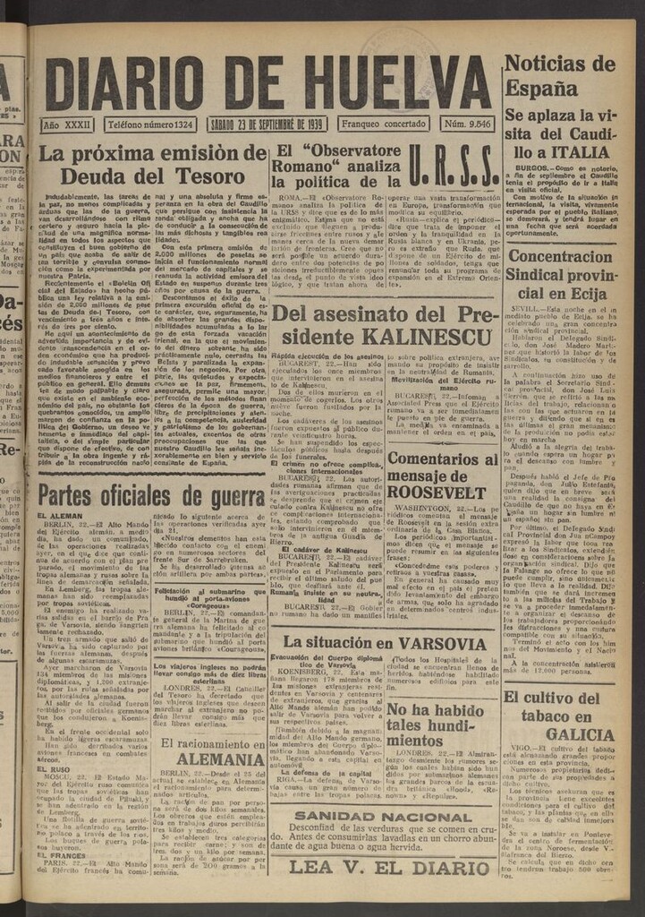 Miniatura de Diario de Huelva : periódico independiente del 23 de septiembre de 1939