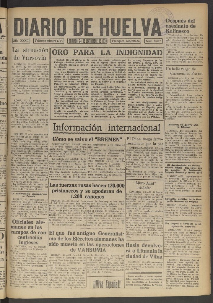 Miniatura de Diario de Huelva : periódico independiente del 24 de septiembre de 1939