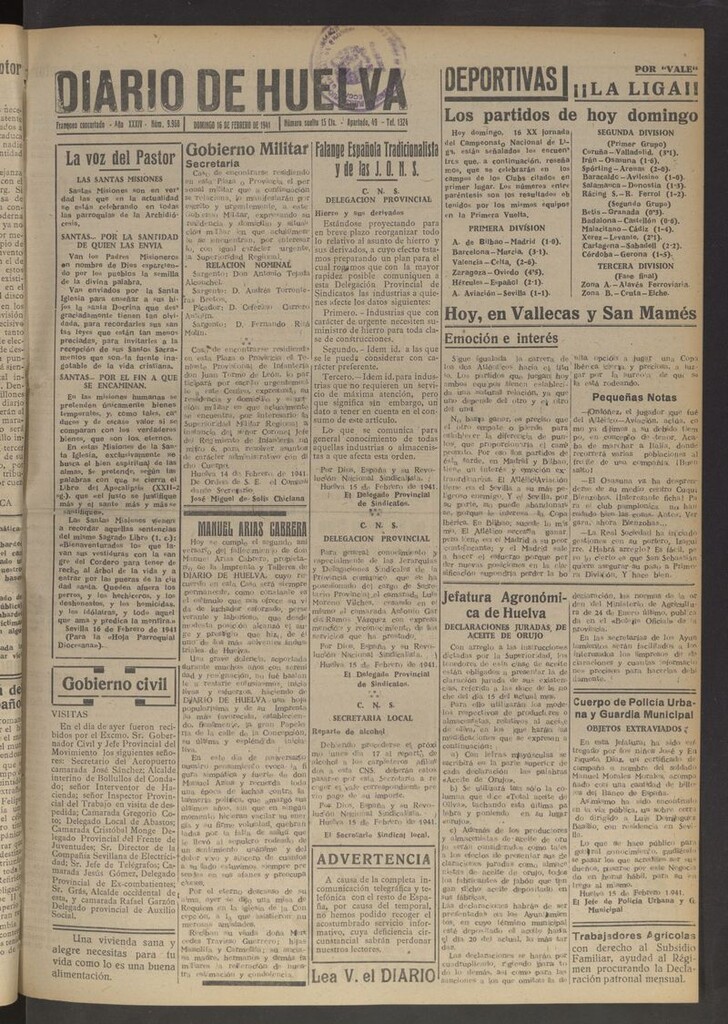 Miniatura de Diario de Huelva : periódico independiente del 16 de febrero de 1941