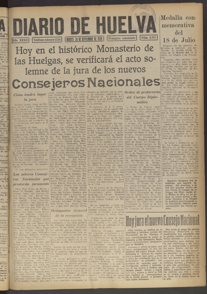 Miniatura de Diario de Huelva : periódico independiente del 26 de septiembre de 1939