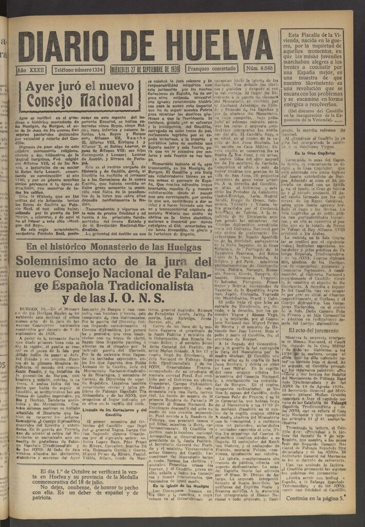 Miniatura de Diario de Huelva : periódico independiente del 27 de septiembre de 1939