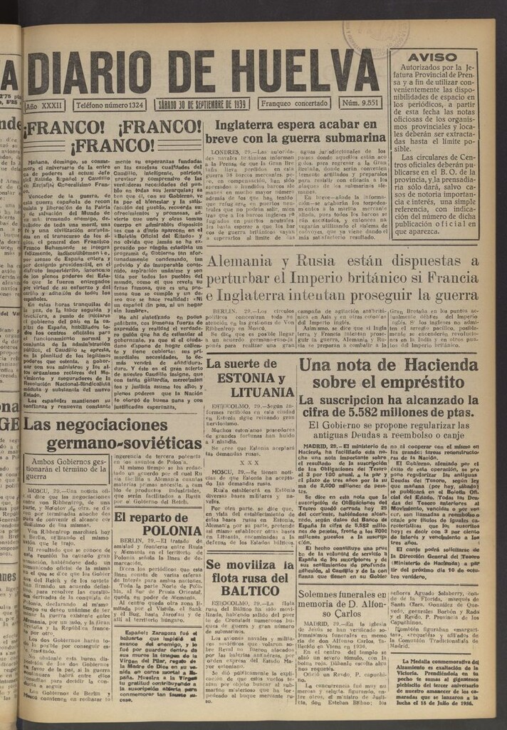 Miniatura de Diario de Huelva : periódico independiente del 30 de septiembre de 1939