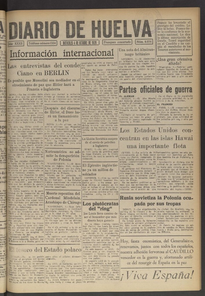 Miniatura de Diario de Huelva : periódico independiente del 4 de octubre de 1939