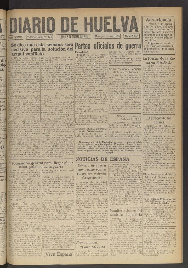 Miniatura de Diario de Huelva : periódico independiente del 5 de octubre de 1939