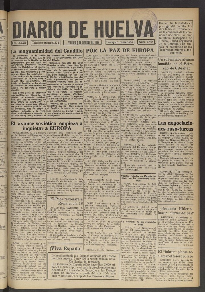 Miniatura de Diario de Huelva : periódico independiente del 6 de octubre de 1939