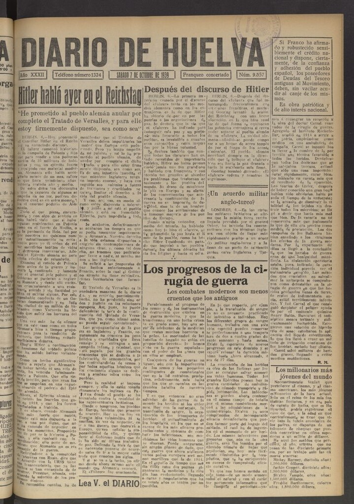 Miniatura de Diario de Huelva : periódico independiente del 7 de octubre de 1939