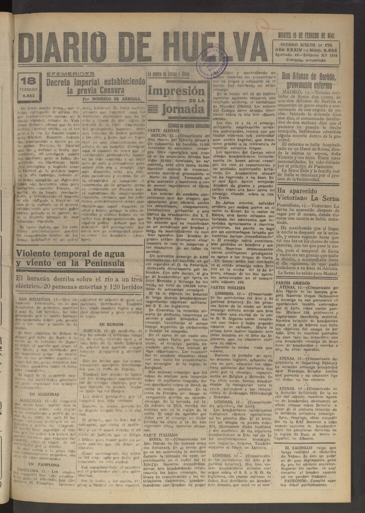 Miniatura de Diario de Huelva : periódico independiente del 18 de febrero de 1941