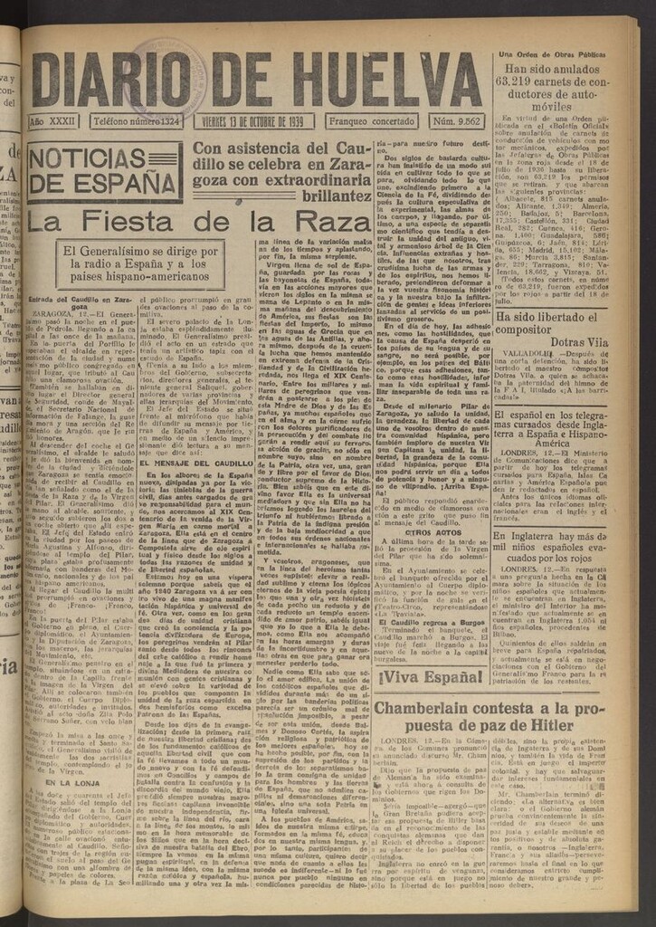 Miniatura de Diario de Huelva : periódico independiente del 13 de octubre de 1939