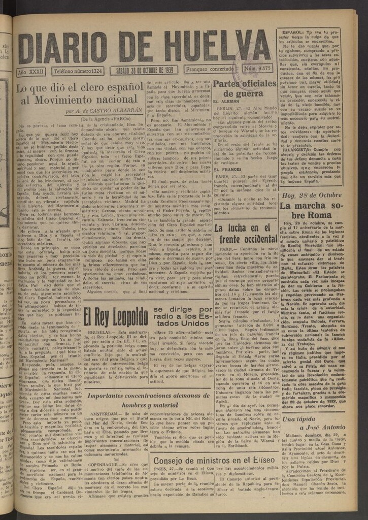 Miniatura de Diario de Huelva : periódico independiente del 28 de octubre de 1939