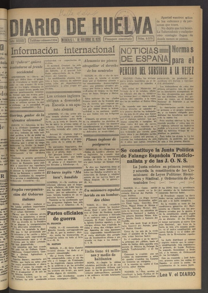 Miniatura de Diario de Huelva : periódico independiente del 1 de noviembre de 1939