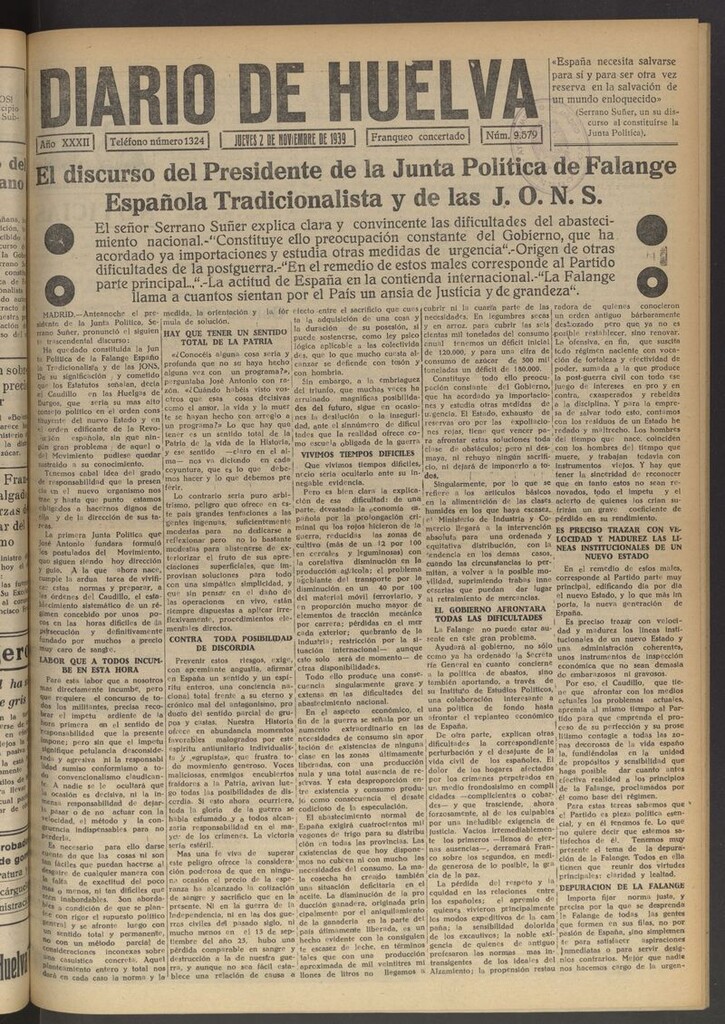 Miniatura de Diario de Huelva : periódico independiente del 2 de noviembre de 1939